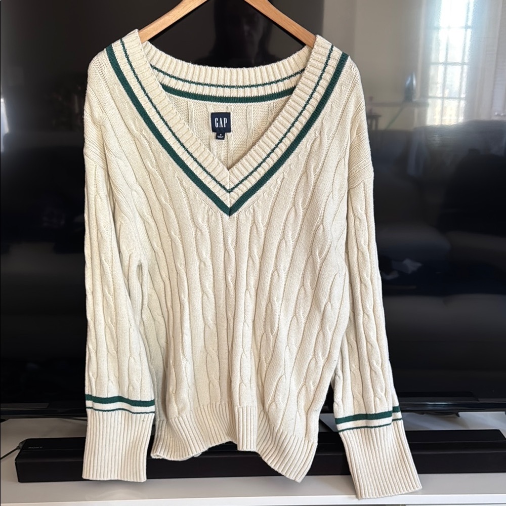 GAP Cream V-Neck Sweater with Green Trim